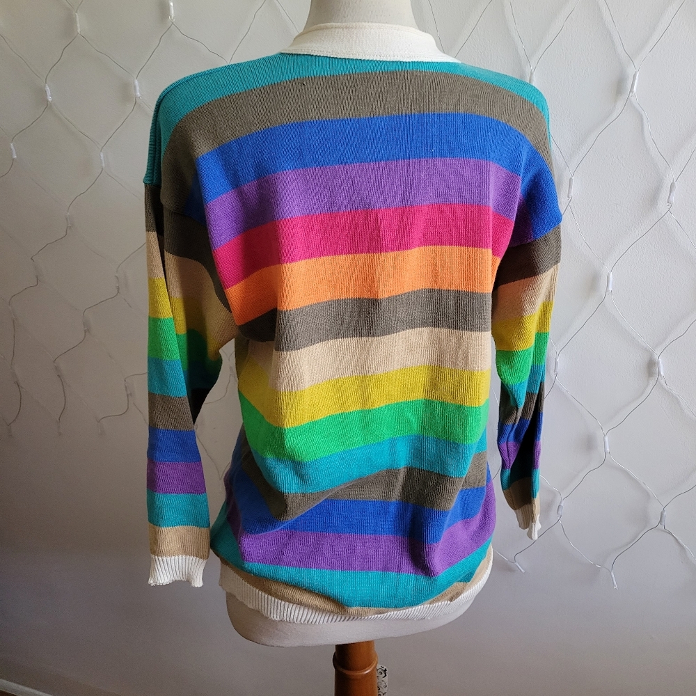 *SOLD* 80s Vintage Ted Lapidus Striped Cotton Cardigan Sweater / Medium - Picture 4 of 6